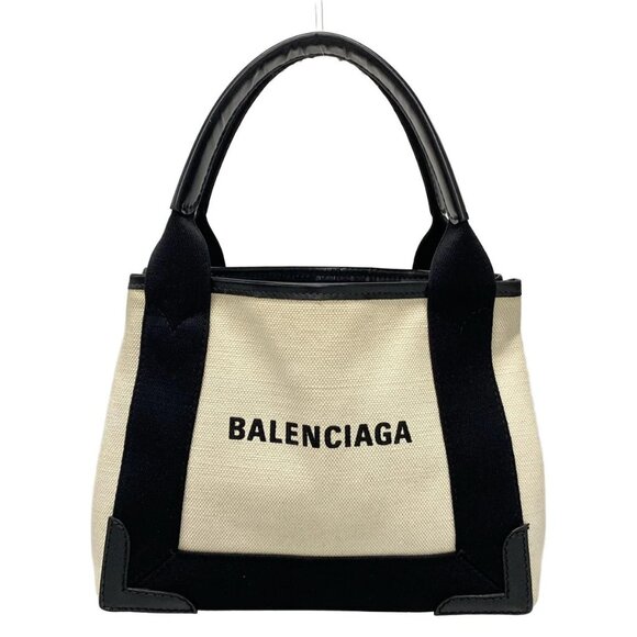 Auth BALENCIAGA Navy Cabas XS 390346 Cream Black Canvas Leather - Tote Bag - Picture 1 of 16